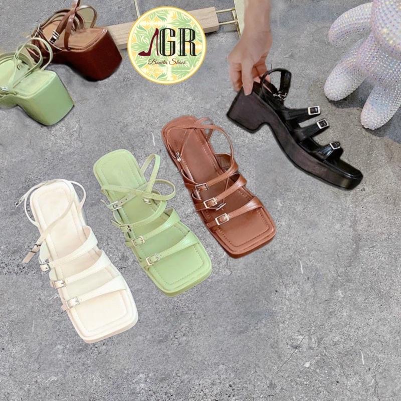 Sandal xuồng 3 quai khoá da mềm đế vuông 6 cm