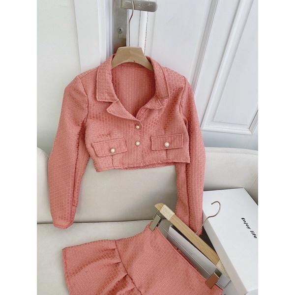SET ÁO CROP DẠ HỒNG + CHÂN VÁY ĐUÔI CÁ