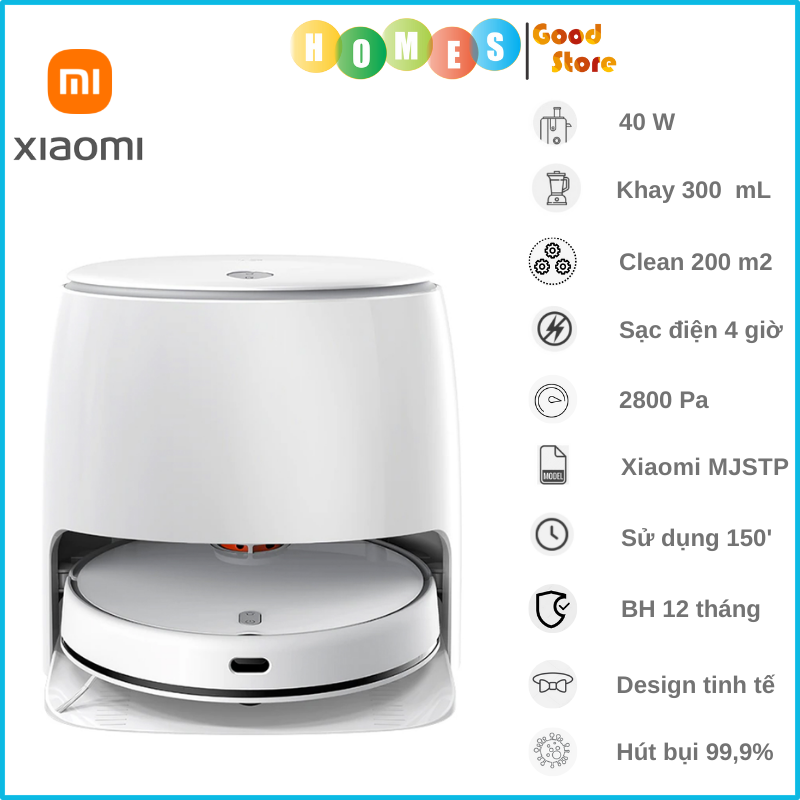 Robot Hút Bụi Lau Nhà XIAOMI MJSTP Giặt Khăn Lau Tự Động, Diện Tích Hoạt Động 200m2 Công Suất 40W Áp Suất 2,800 Pa - Hàng Chính Hãng