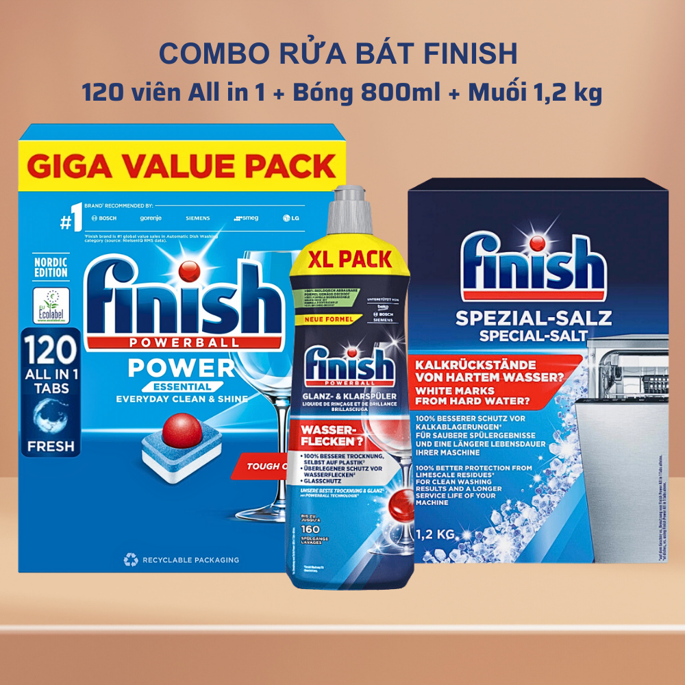 Combo Viên Rửa Bát Finish 120 Viên Muối Rửa Bát Finish 1.2Kg Nước Làm Bóng Finish 800Ml - Combo 120Vmuối 1.5Kgbóng 800Ml