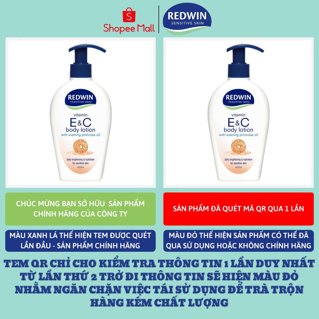 Kem Dưỡng Thể Redwin Vitamin E &amp; C Body Lotion Mềm Min Sáng Da 400ml