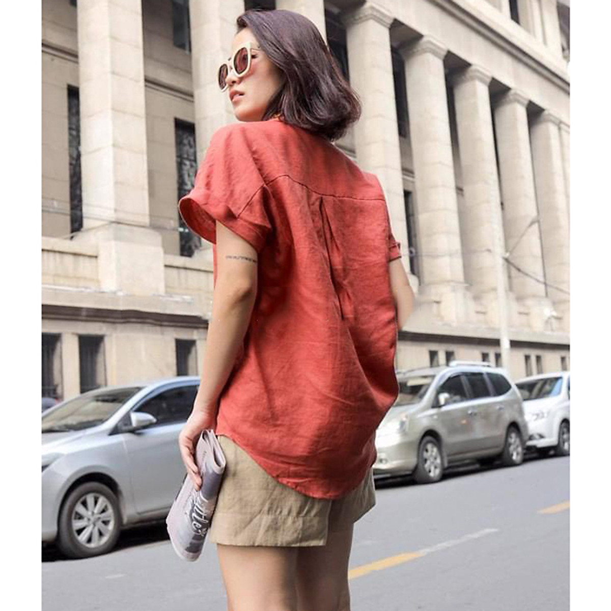 Áo sơ mi nữ form rộng tay cánh rơi Linen tưng premium trẻ trung sang trọng - Nâu đỏ