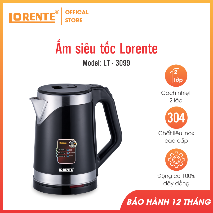 Ấm đun nước siêu tốc cao cấp 2lit Lorente LT-3099B màu đen - Hàng chính hãng