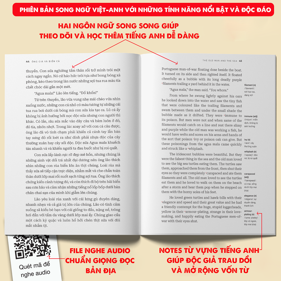Sách song ngữ Ông Già Và Biển Cả - Tiểu thuyết kinh điển thiếu nhi tặng kèm file nghe &amp; note từ vựng - HG Books