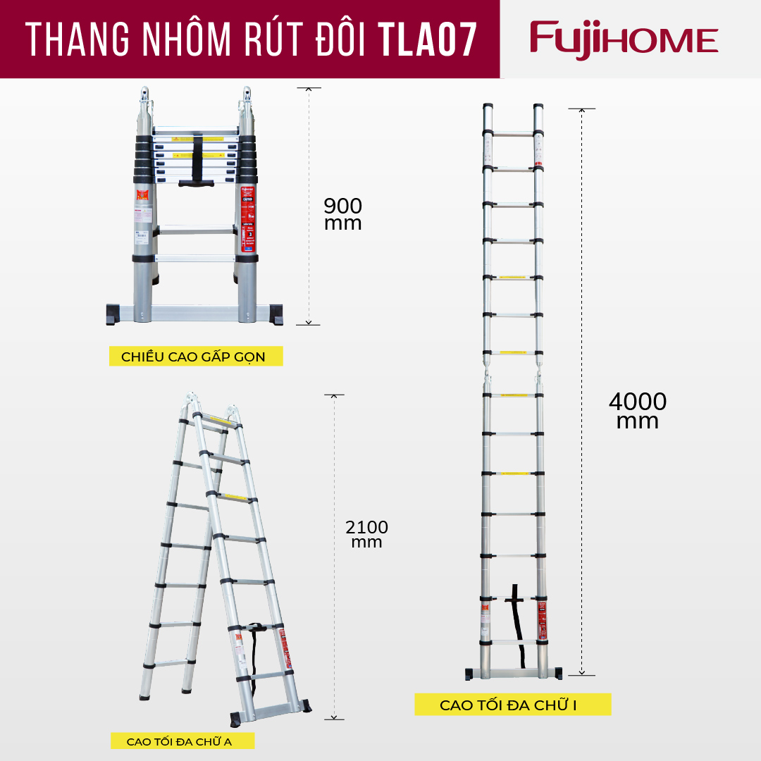 Thang nhôm rút chữ A gấp gọn 4,4M Nhật Bản Fujihome chống trượt, thang rút đôi 4m4 mét gấp xếp gọn gia đình đa năng có khóa an toàn 2m1 telescopic ladder - Hàng Nhập Khẩu