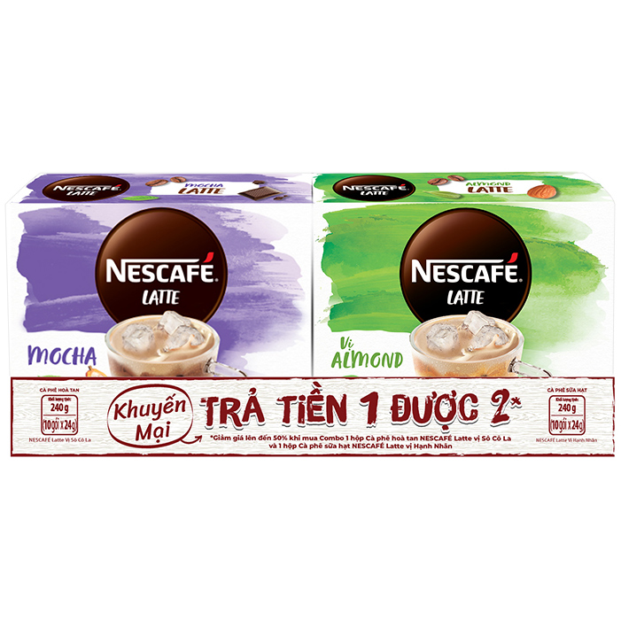 Combo Nescafé Latte vị hạnh nhân và cà phê hòa tan Nescafé Latte vị sô cô la (Hộp 10 gói x 24g)