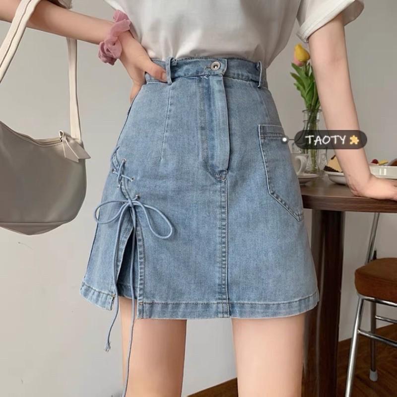 Quần giả váy đan dây chất jeans mẫu mới 2021