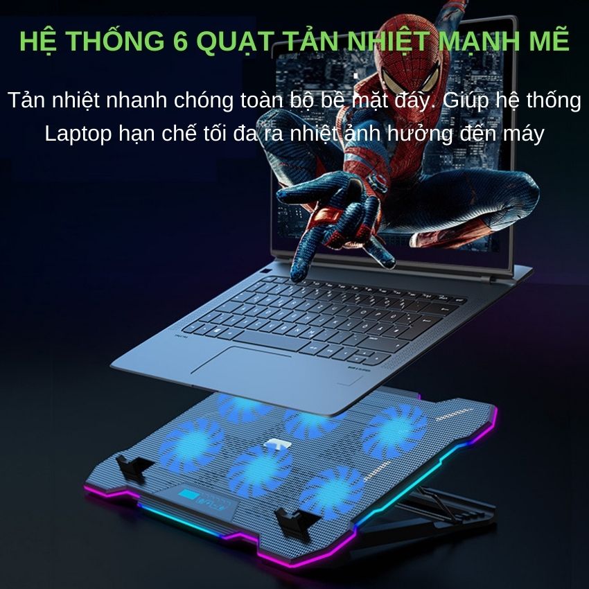 Đế tản nhiệt laptop S103 có 6 quạt làm mát nhanh chống ồn đèn LED RGB điều chỉnh độ cao 6 mức trang bị màn hình LCD giúp tăng hiệu năng bảo vệ máy tính