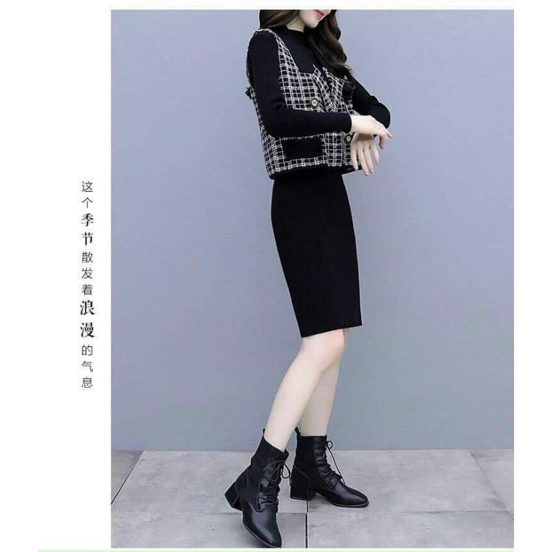SÉT ĐẦM LEN PHỐI CARO CAO CẤP