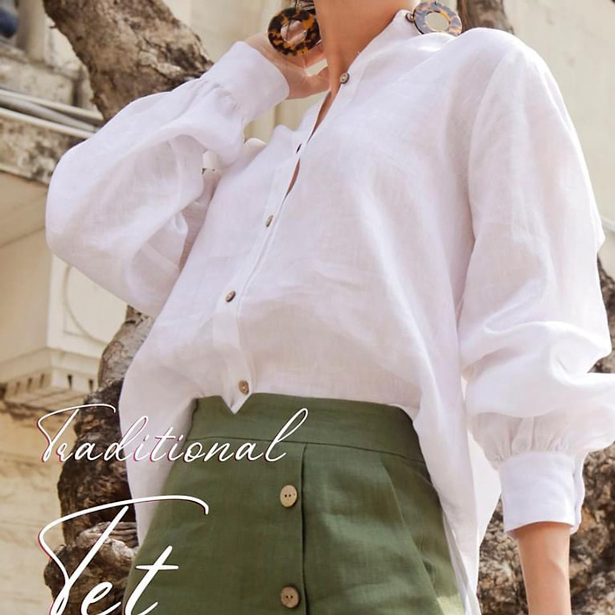 Áo sơ mi công sở nữ dài tay cổ tầu Linen tưng Premium sang trọng trẻ trung - Trắng