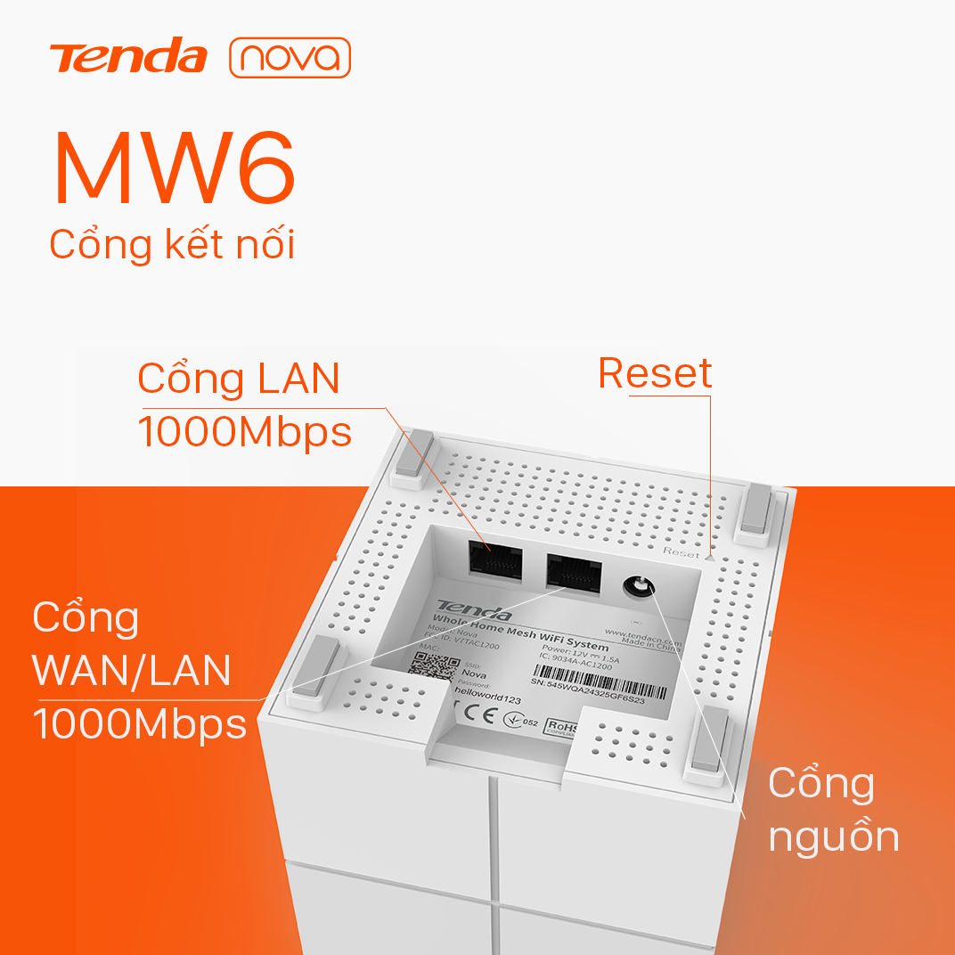 Hệ thống Wifi Nova Mesh cho gia đình Tenda MW6 Chuẩn AC 1200Mbps 1 pack - Hàng Chính Hãng