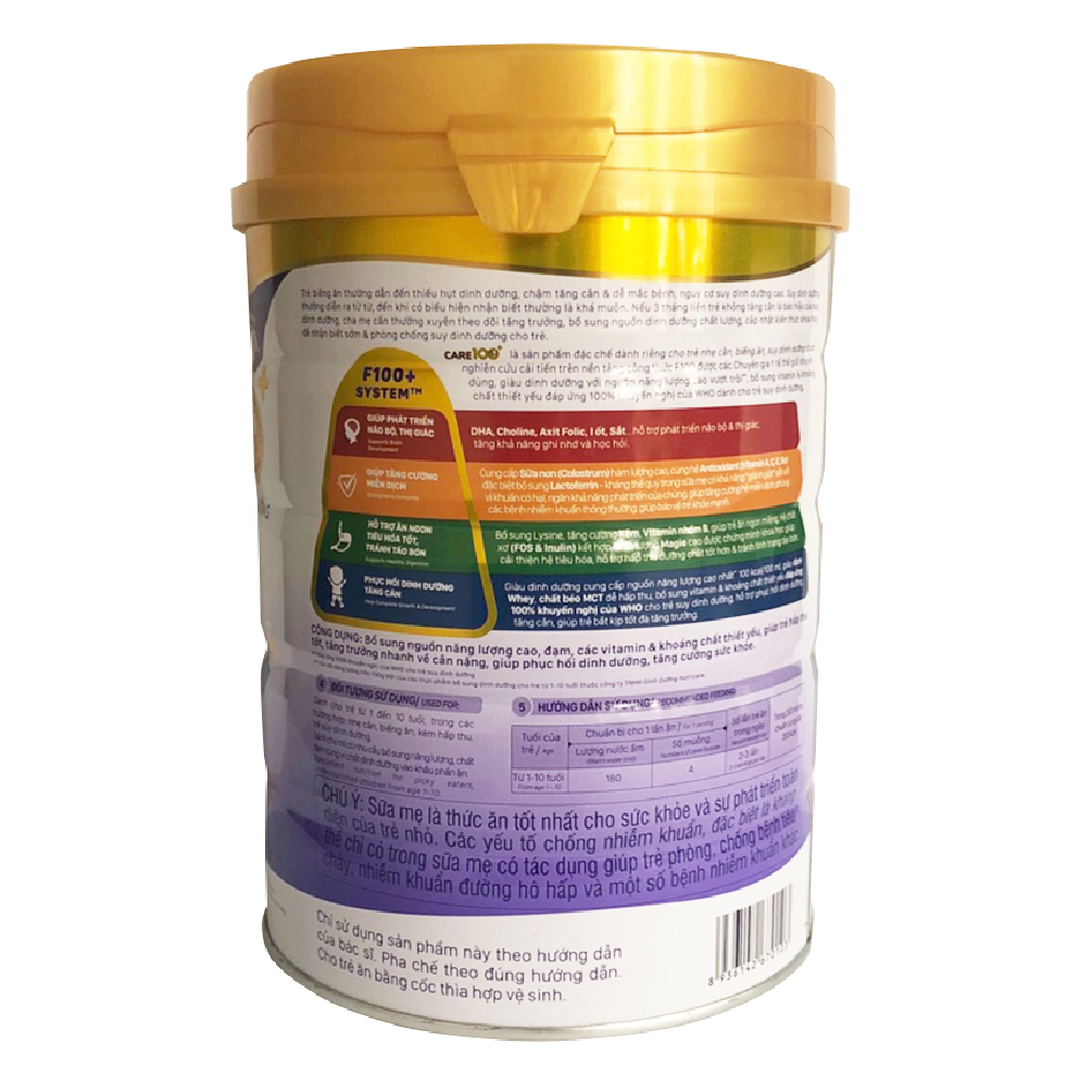 Sữa bột Nutricare Care 100+ mới cho trẻ nhẹ cân biếng ăn suy dinh dưỡng 1-10 tuổi (900g)