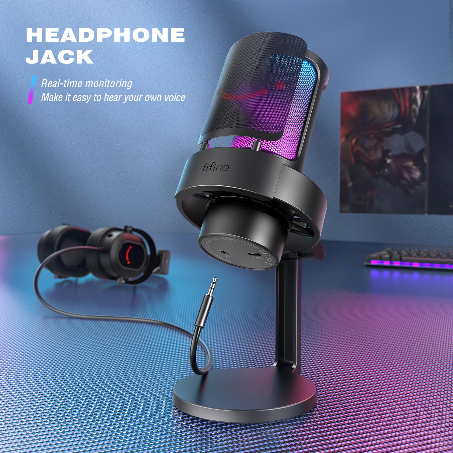 Micrô USB FIFINE để ghi và phát trực tuyến trên PC và Mac, Đầu ra tai nghe và Nút cảm ứng-Tắt tiếng, Mic với 3 chế độ RGB -A8 Màu sắc: Đen