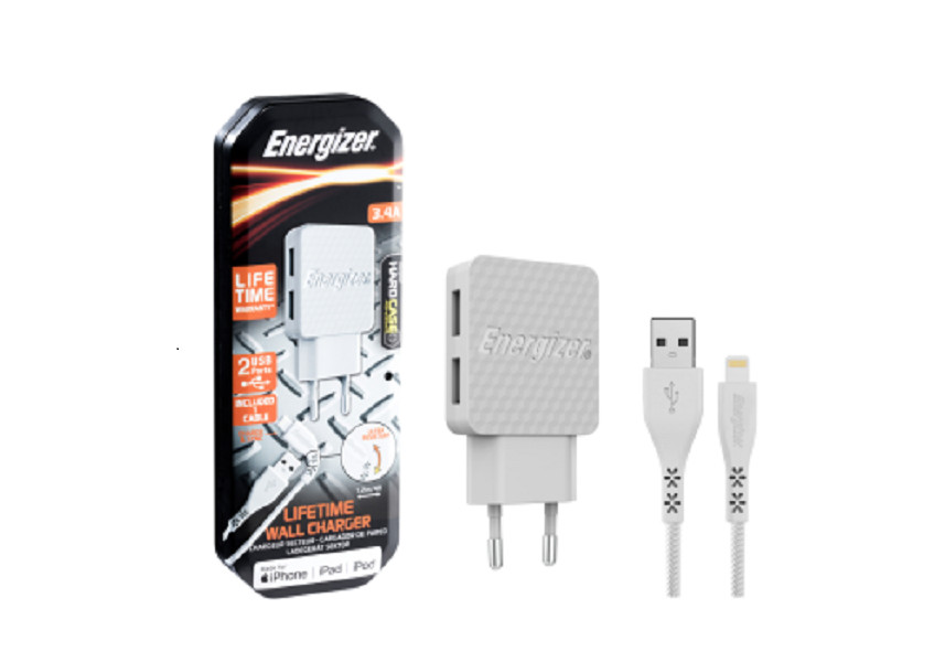 Sạc Energizer Lifetime Warranty  3.4A 2USB kèm cáp Lightning màu trắng - AC2CEULLIM - Hàng Chính Hãng