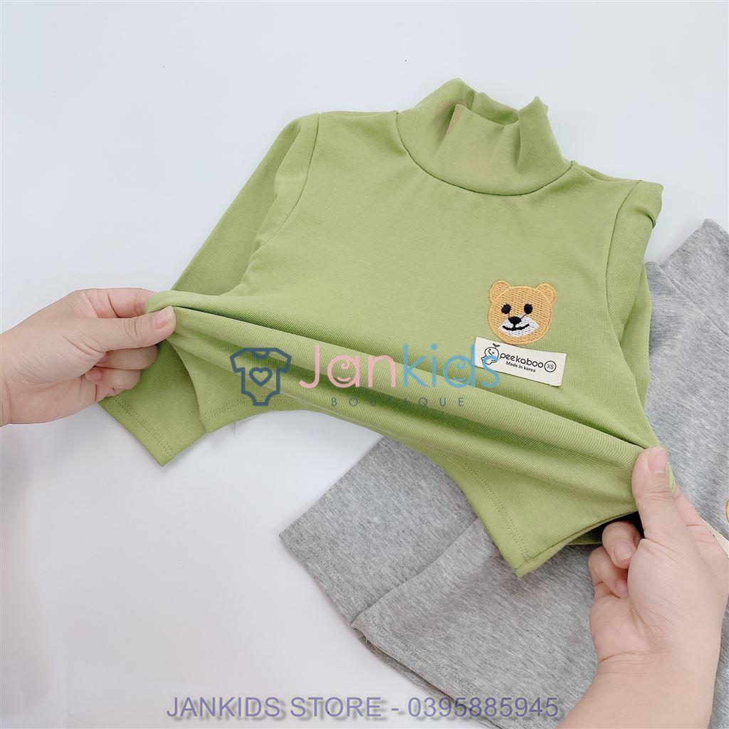 Áo dài tay thu đông cổ 3 phân chất cotton len kiểu dáng hàn quốc thêu hình gấu cho bé 8-18kg