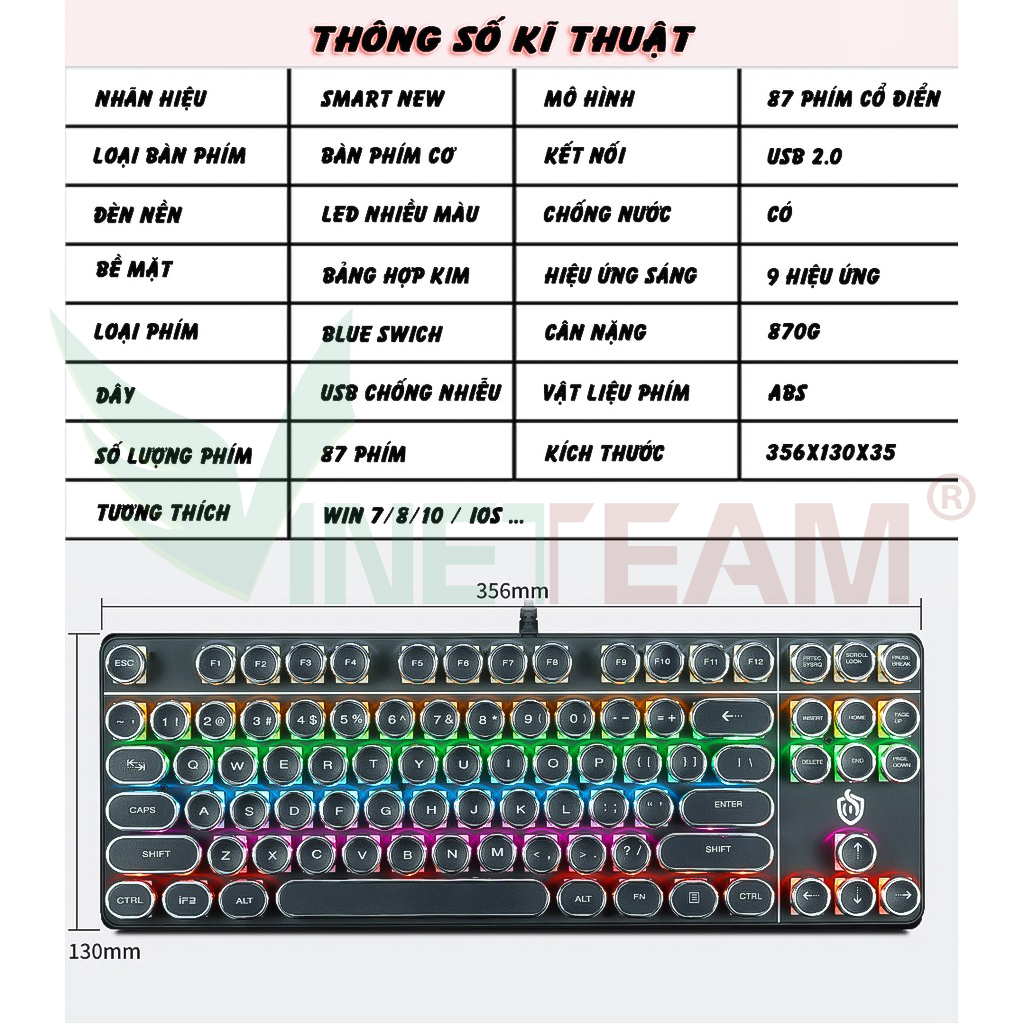 Bàn Phím Cơ Gaming Vinetteam HJK917 87 Phím Blue Switch Keycap Tròn Chống Nước Với 9 Chế Độ Led Khác Nhau - Hàng Chính Hãng