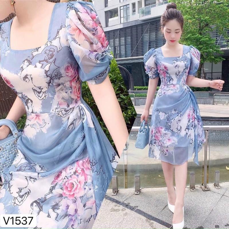 Đầm xoè lụa hoa tay phồng cổ vuông diu dàng nữ tính