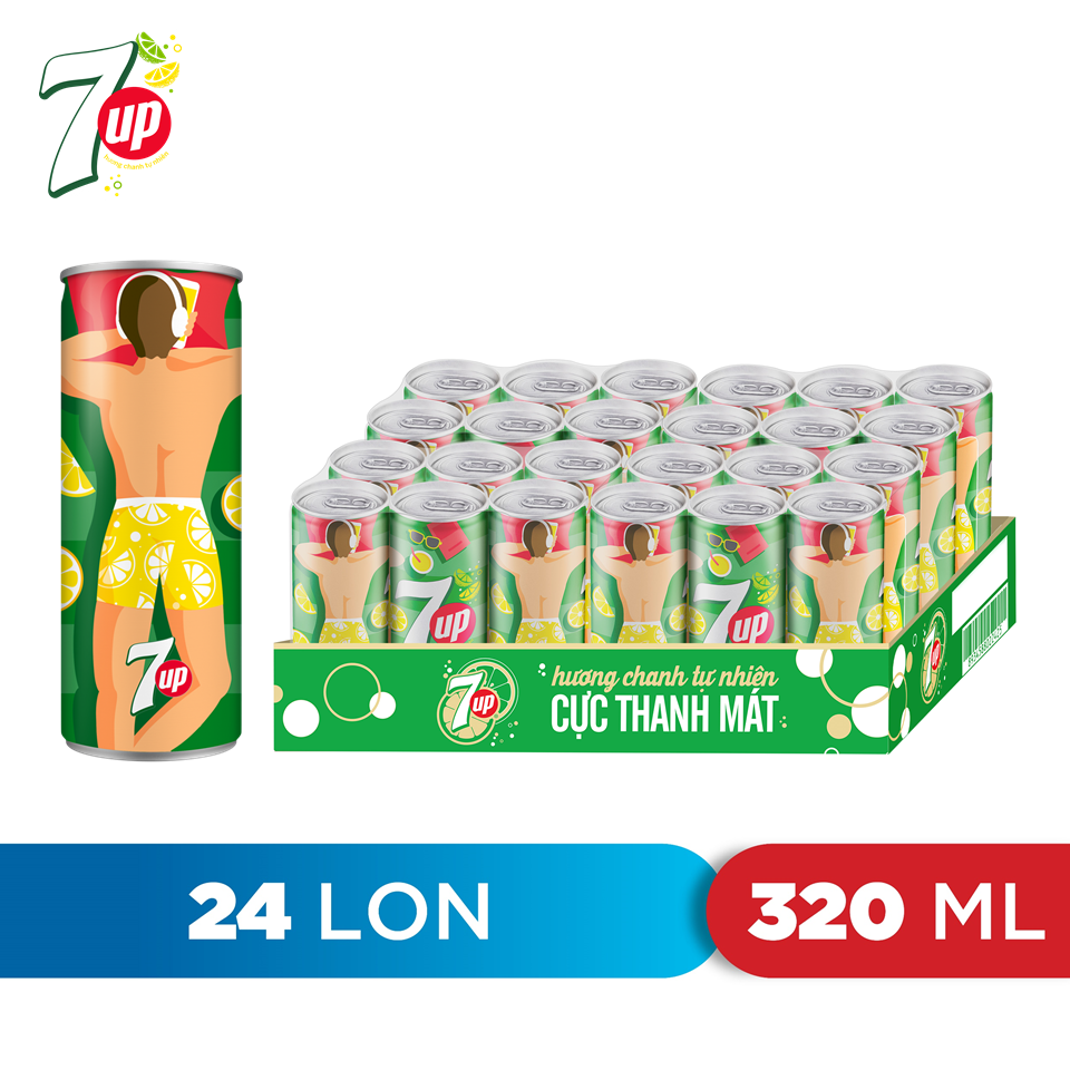 Thùng 24 Lon Nước Ngọt Có Gaz 7Up lon xanh (320ml/lon)