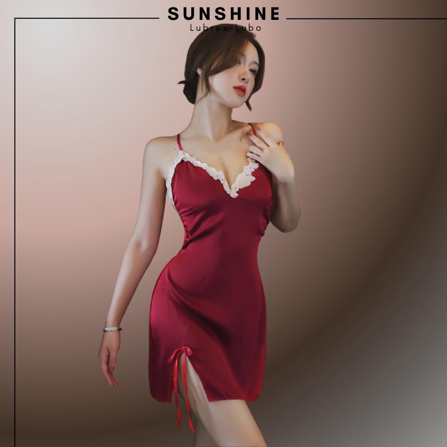 Váy ngủ lụa cao cấp phối ren sexy Đầm ngủ lụa 2 dây sexy màu đỏ dành cho nữ Sunshine Lubrexlubo VL1045