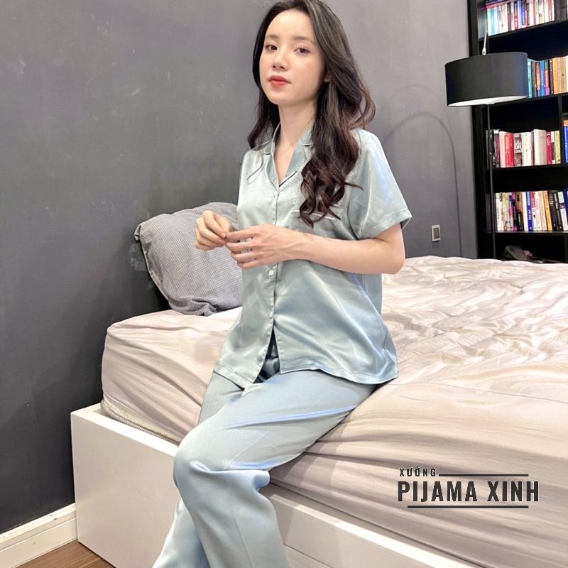 Đồ Ngủ - Đồ Bộ Pijama Lụa Chất Liệu Latin Màu Xanh Siêu Hot Cực Sang Chảnh