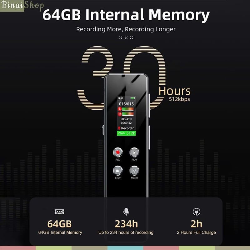 Ruizu V01 / V02 - Máy Ghi Âm Đa Hướng 1536 Kbps, Giảm Tiếng Ồn, Thời Lượng Ghi 11H (64GB) - Hàng Chính Hãng