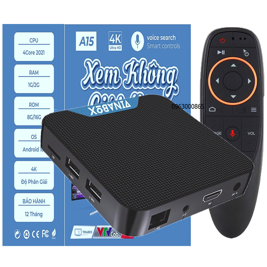 Android Tivi Box Vinabox A15 B-2G phiên bản 2021 tặng kèm điều khiển giọng nói (Alwinner, Ram 2G, Rom 16G, Androi 10.0 ATV), truyền hình miễn phí - Hàng Chính Hãng