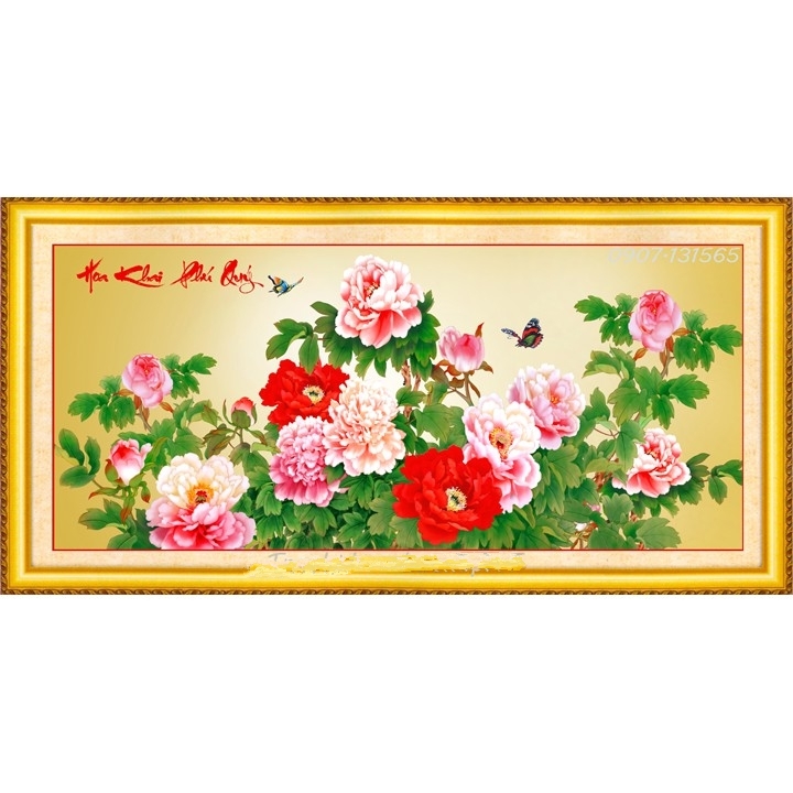 Tranh đính đá Hoa khai phú quý 160x76cm - chưa đính