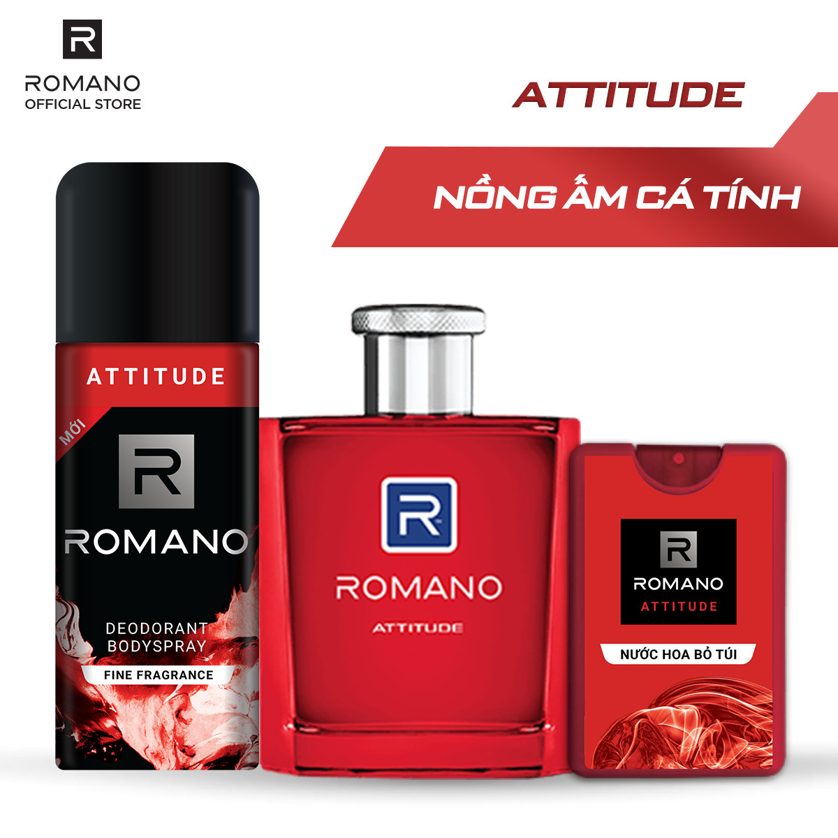 Nghi thức mùi hương Romano Attitude: Nước hoa Romano Attitude 50ml + Nước hoa bỏ túi 18ml + Xịt toàn thân 150ml