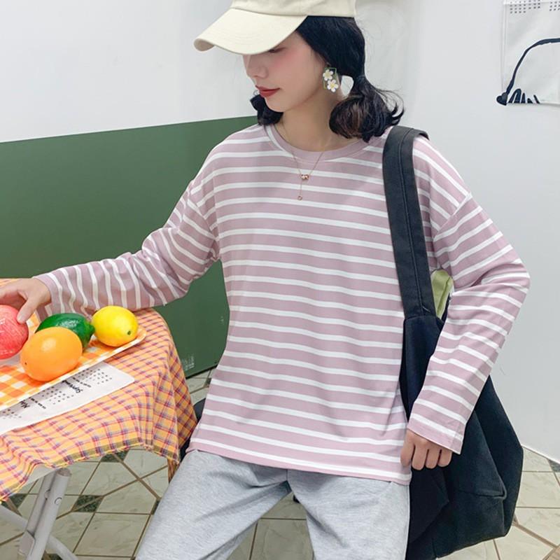 Áo Thun Nữ Tay Dài Họa Tiết Kẻ Sọc Ngang Thời Trang