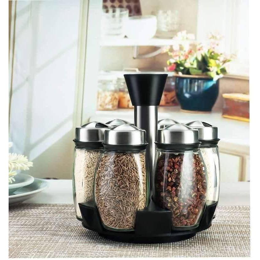 Bộ 6 lọ đựng gia vị thủy tinh kèm giá để xoay 360 độ