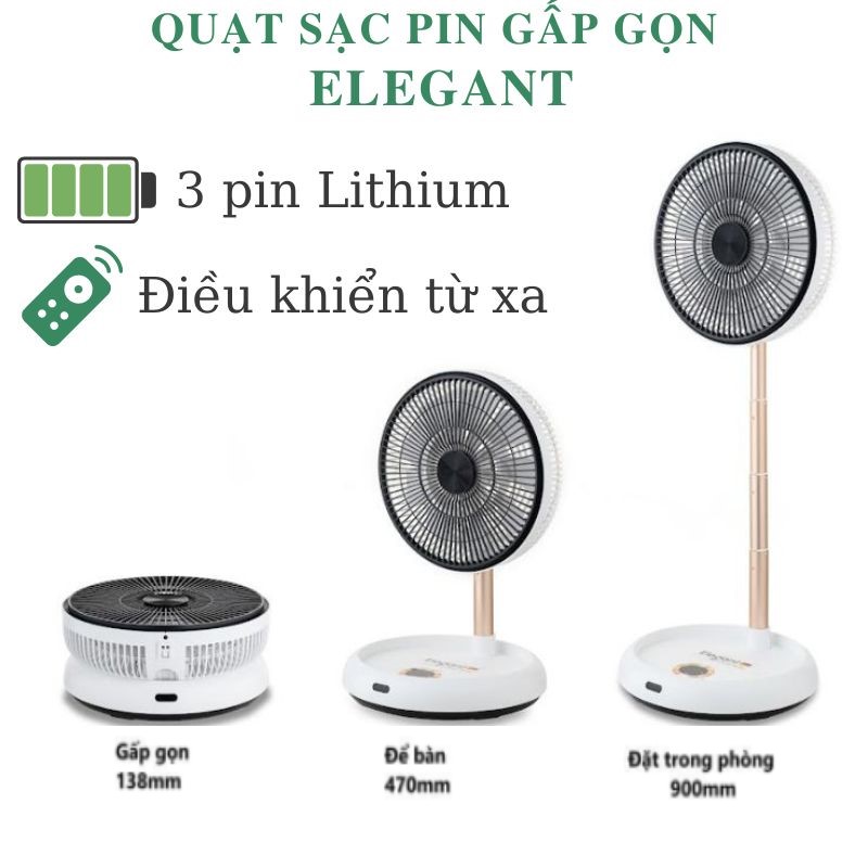 Quạt Sạc Pin Gấp Gọn Elegant Điều Khiển Từ Xa Thương Hiệu Đức - Hàng nhập khẩu