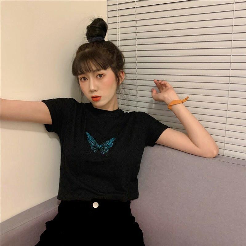 Áo croptop thun nữ thêu bướm xanh thời trang XIXO ATN0021
