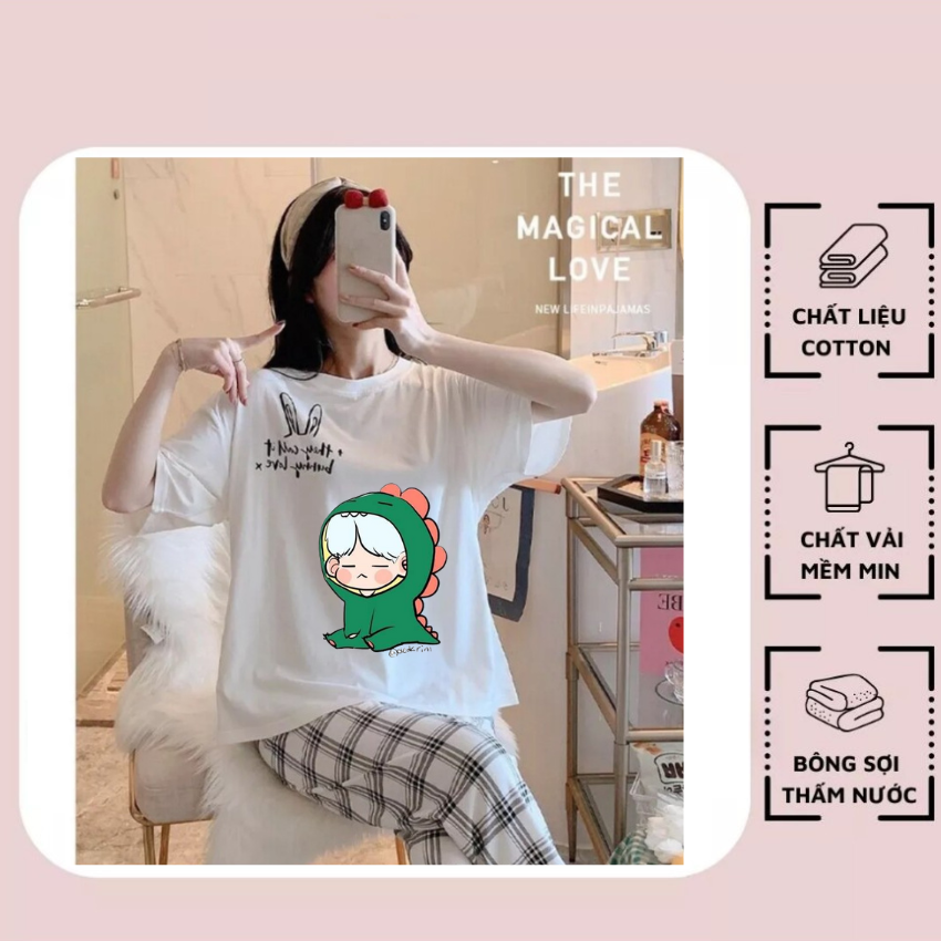 Sét Bộ Nữ SS20, Sét Đồ Nữ Đi Chơi Đẹp In Cô Gái Khủng Long Xanh, Sét Áo Vải Cotton, Và Quần Kẻ Màu Cá Tính