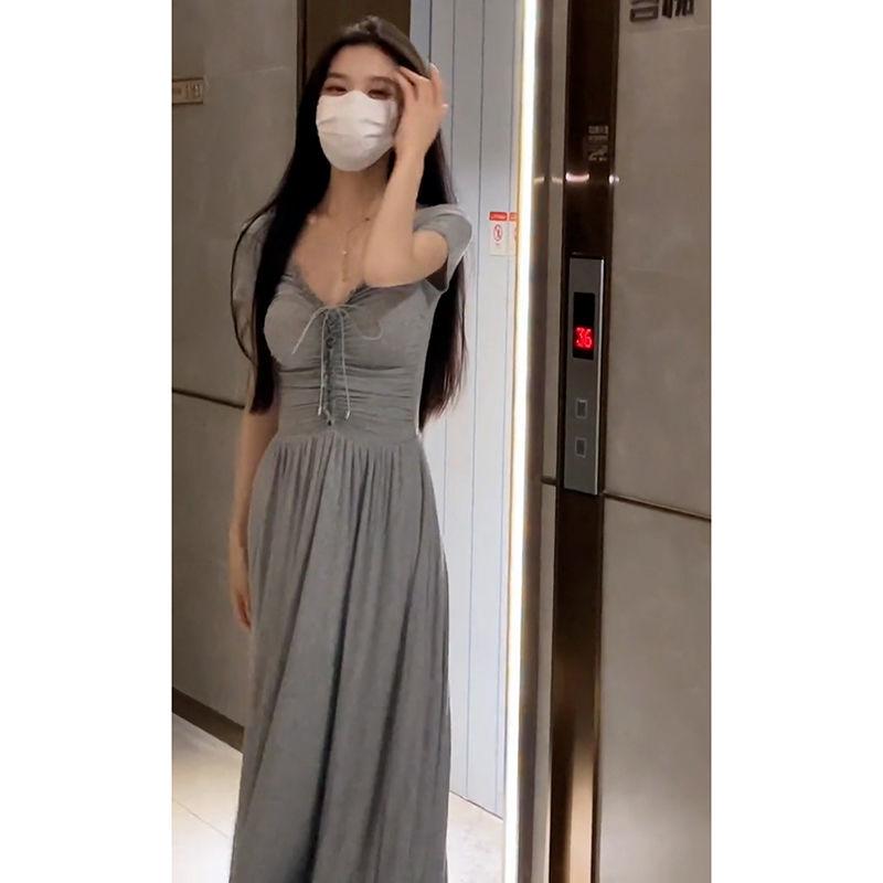 DIYIWEI Phong cách Pháp, thắt lưng, tay áo ngắn, váy cổ chữ V, váy dài mùa hè đơn giản, cao cấp.
