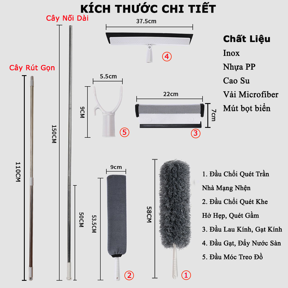 Bộ Chổi Quét Trần Nhà Mạng Nhện KUNBE Lau Kính Gạt Nước Đa Năng 5 trong 1