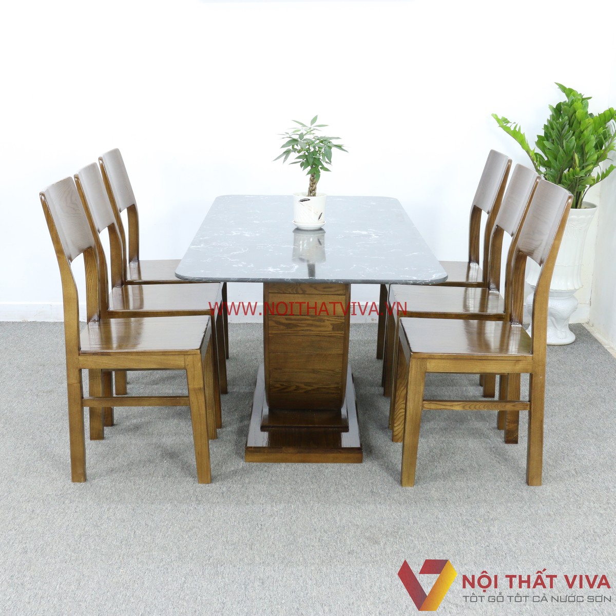 Bộ Bàn Ăn 6 Ghế Gỗ Sồi Nga Màu Óc Chó Mặt Đá Đen Tự Nhiên Sang Trọng