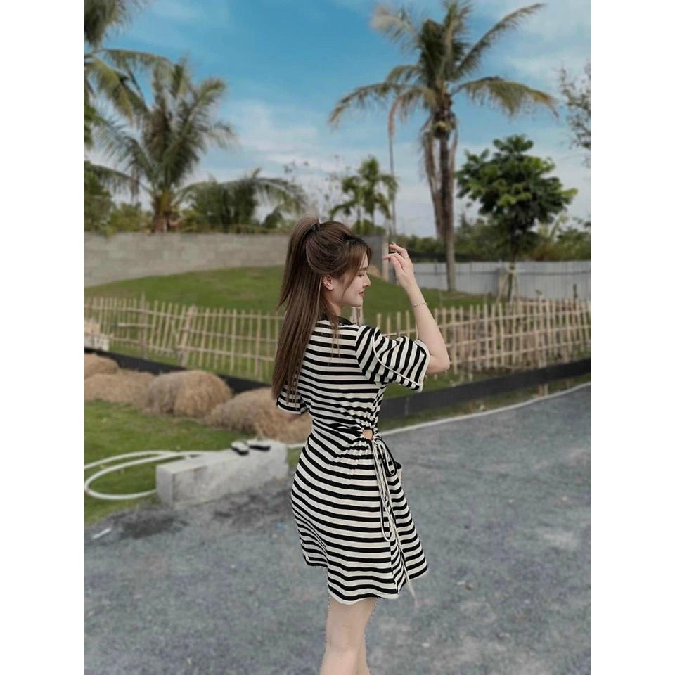 Váy đầm nữ cố sơ mi rút dây eo kẻ sọc xinh xắn