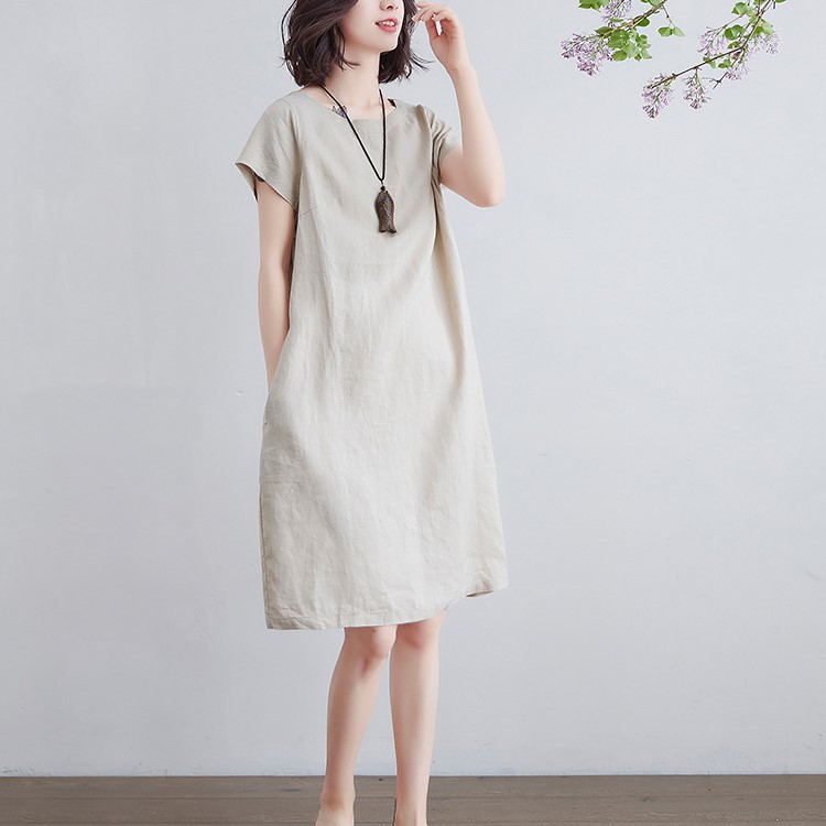 Đầm linen công sở họa tiết trơn, đầm babydoll form rộng che khuyết điểm CS81