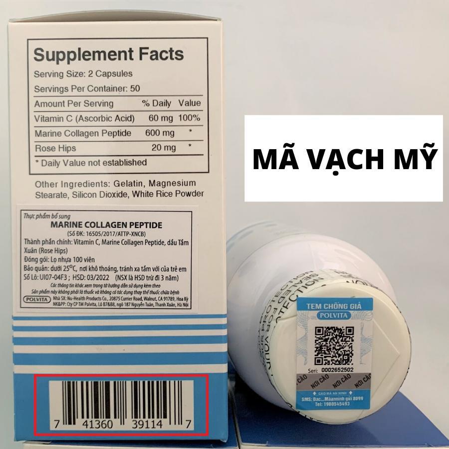 Viên Uống Trắng Da Marine Collagen Peptide 100 viên dòng Thủy Phân Nuhealth của Mỹ
