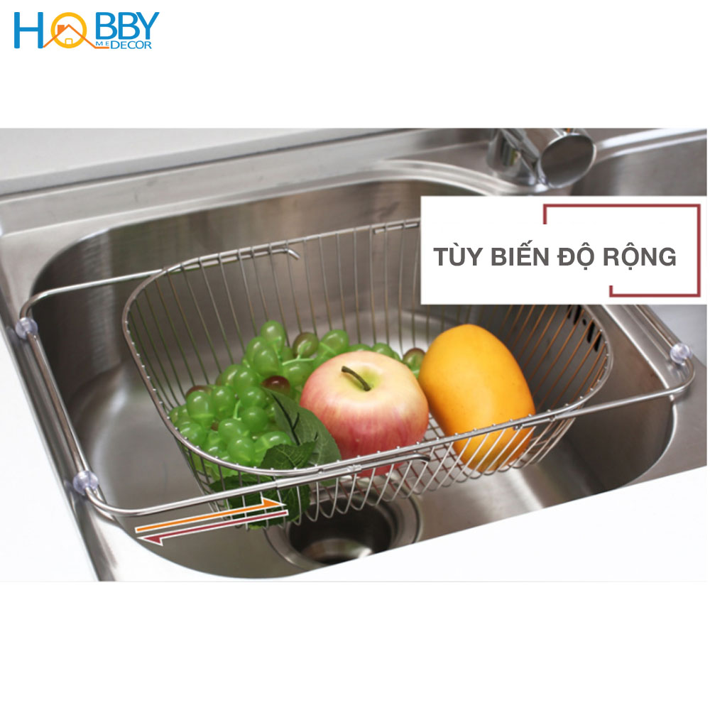 Rổ thu gọn gác bồn rửa bát chén gấp gọn HOBBY KCD4 Inox 304 - không rỉ sét - co giãn được - đựng rau quả, chén bát