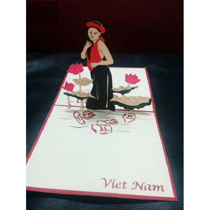 Thiệp 3D Việt Nam - Thiếu nữ trong đầm sen - T06
