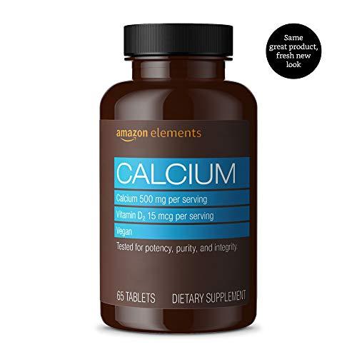 Amazon Elements Calcium plus Vitamin D, Calcium 500mg with D2 600IU, Vegan, 65 Tablets (2 month supply) (Packaging may vary), Supports Strong Bones and Immune Health