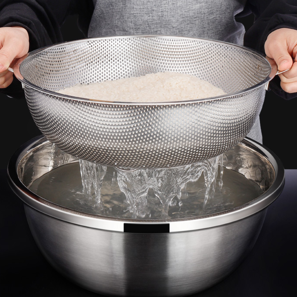 Set of 2 Stainless Steel Strainer & Fruit Washing Bowl Nesting Bowl