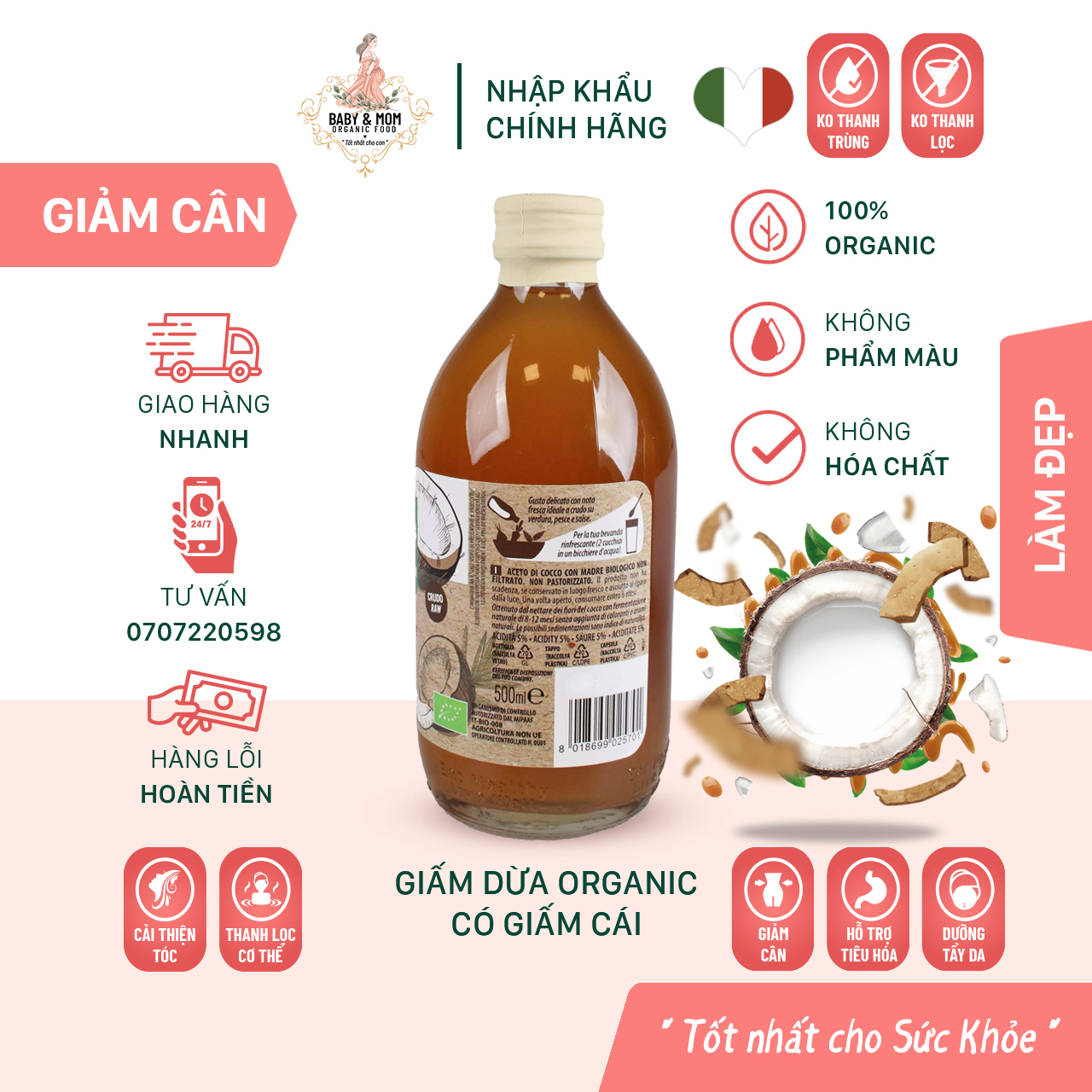 Giấm Dừa Hữu Cơ Có Giấm Cái 500ml ProBios Organic Coconut Vinegar With The Mother