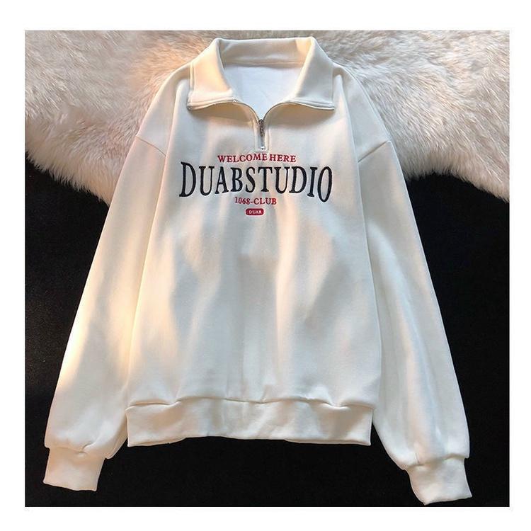 Áo sweater cổ bẻ khoá zip chất liệu bo tăm hoạ tiết thêu form rộng oversize nam nữ unisex