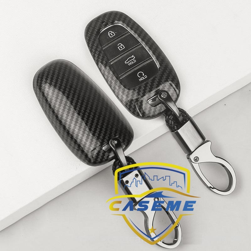 Ốp nhựa carbon lót silicon bảo vệ chìa khóa xe Hyundai Santafe 2021 kèm móc đeo INOX