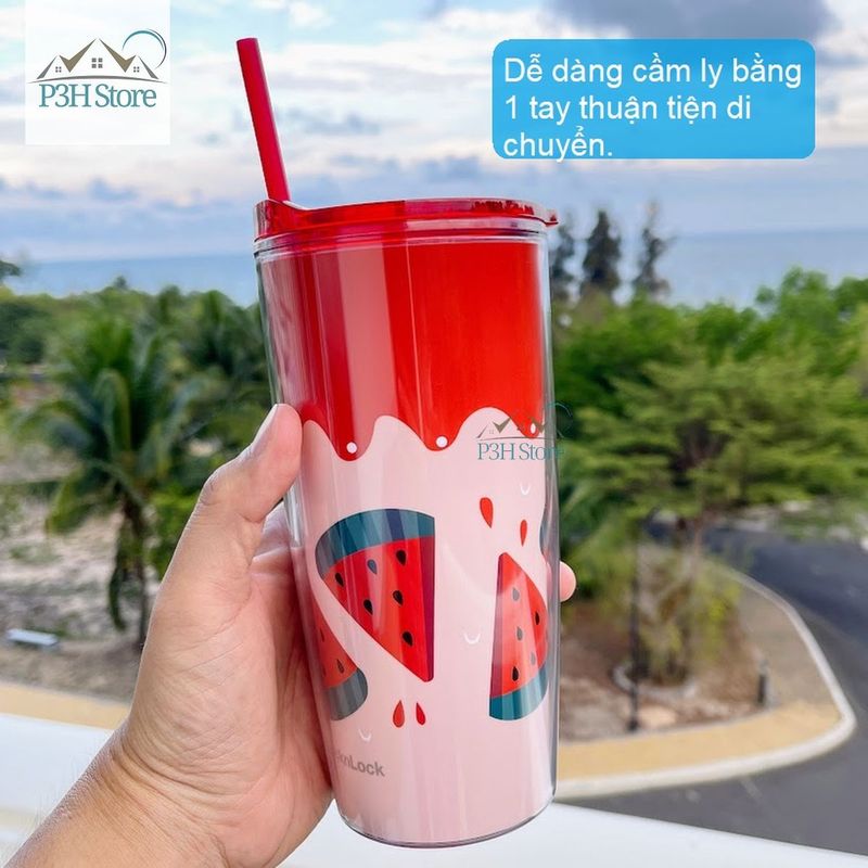 Ly nhựa 2 lớp Lock&amp;Lock Cold Cup 360ml/600ml kèm ống nắp trượt đóng mở HAP523IVY 524RED HAP525IVY