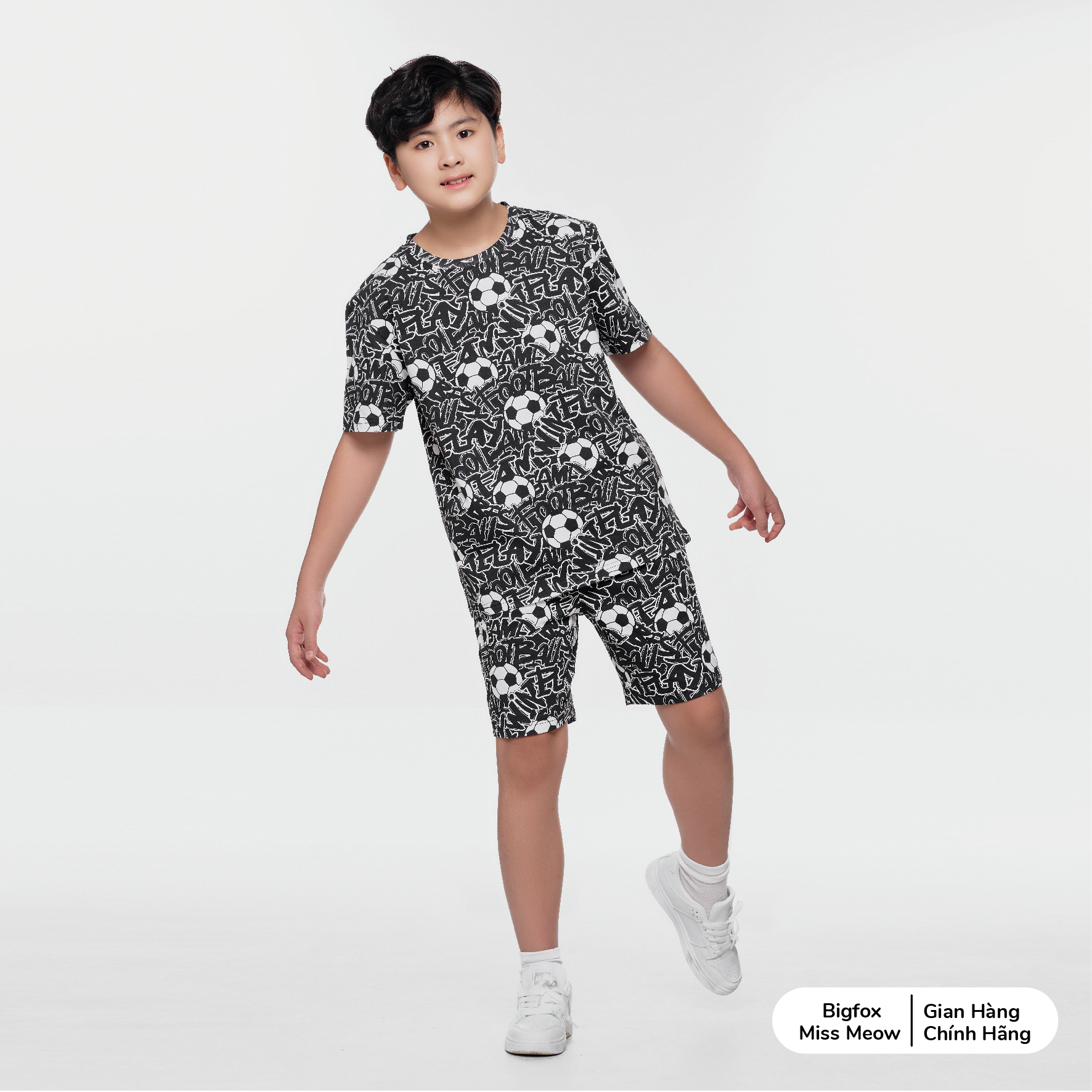 Bộ cộc tay bé trai size đại Bigfox Miss Meow chất cotton in bóng đá cỡ 12,13,14,15 tuổi 40kg 50kg