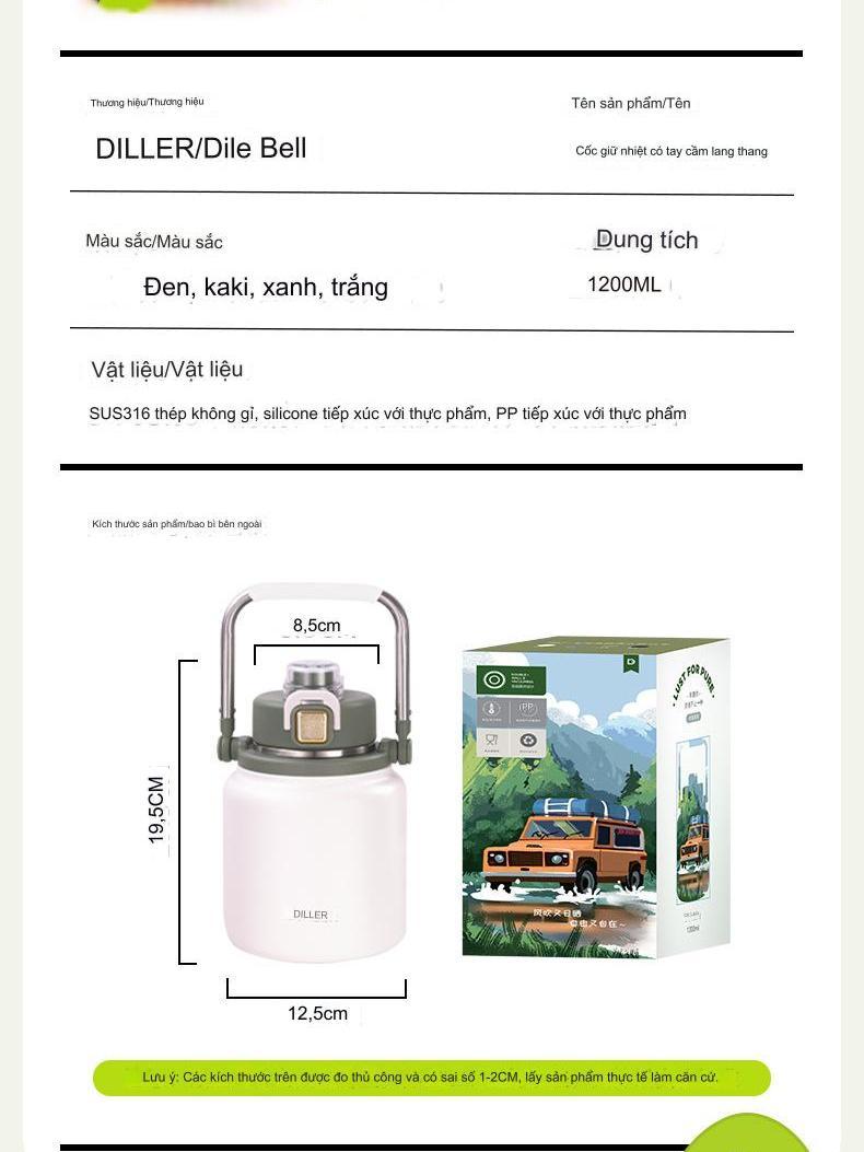 Bình giữ nhiệt 1800ML BÉO LÙN HiLOGI, bình nước giữ nhiệt inox 304, ống hút vòi rót và quai xách, giữ nóng lạnh đều được