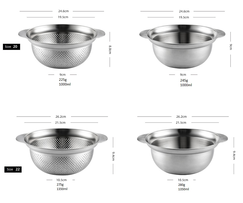 Thau rổ inox 304 có vạch chia và tay cầm chắc chắn rửa rau củ quả đựng thực phẩm tiện dụng size 20 22 24cm